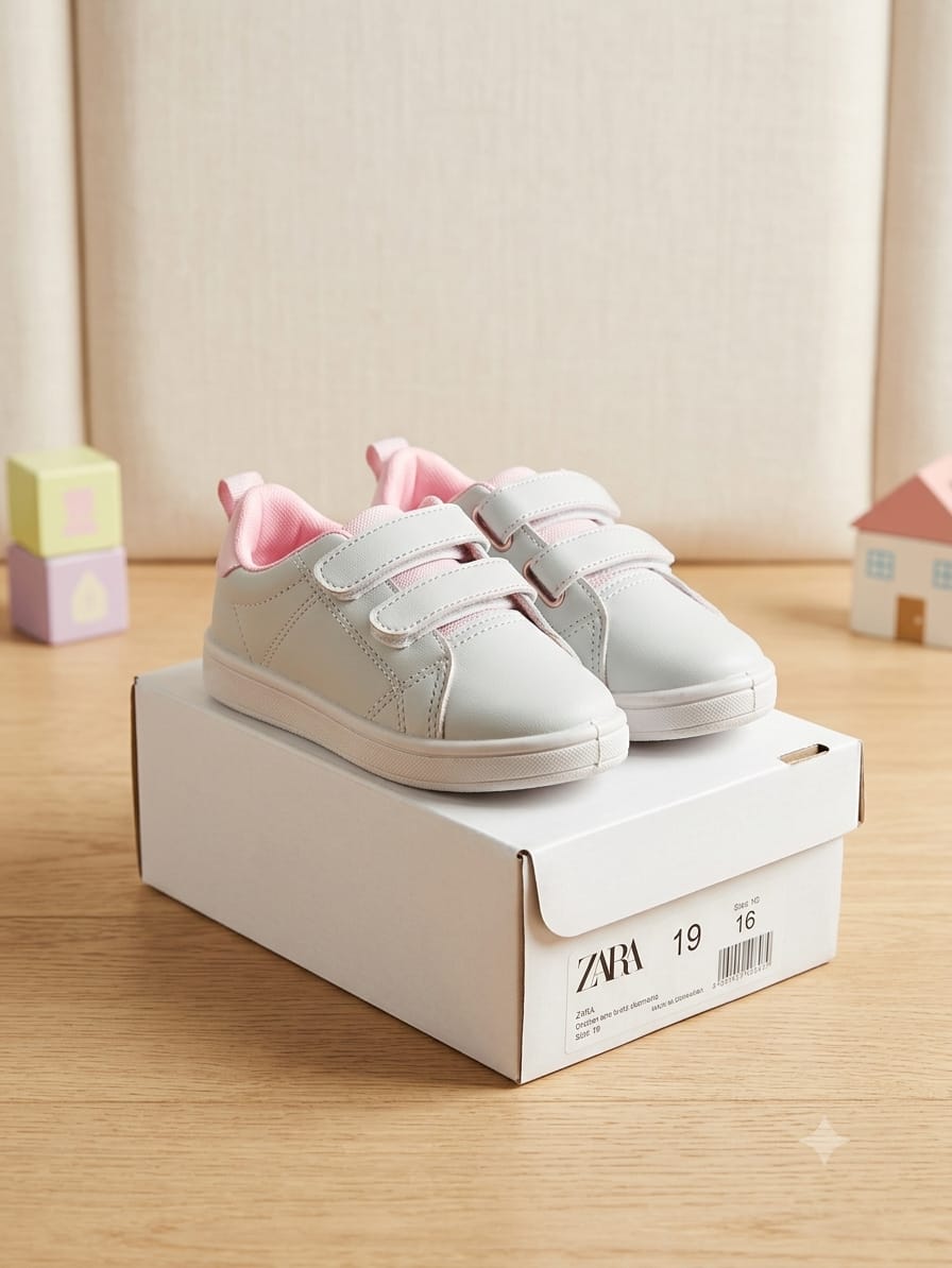 Tenis blanco con rosa de velcro para niña talla 12-16
